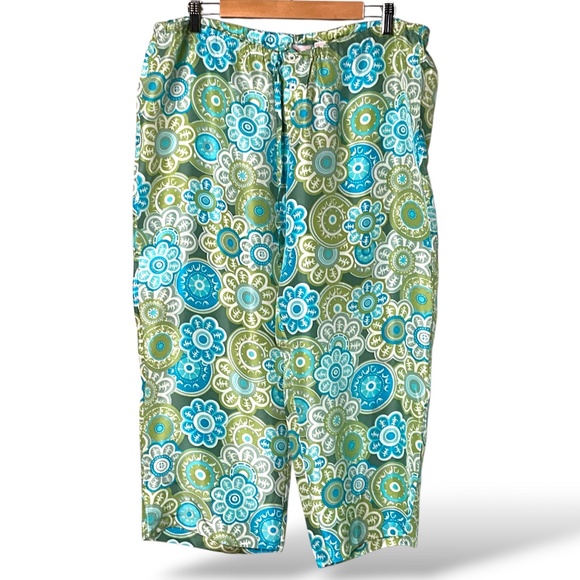 VICTORIA’S SECRET 100% Silk Blue Green Floral Print Cropped PJ / Lounge Pants L - Picture 1 of 12